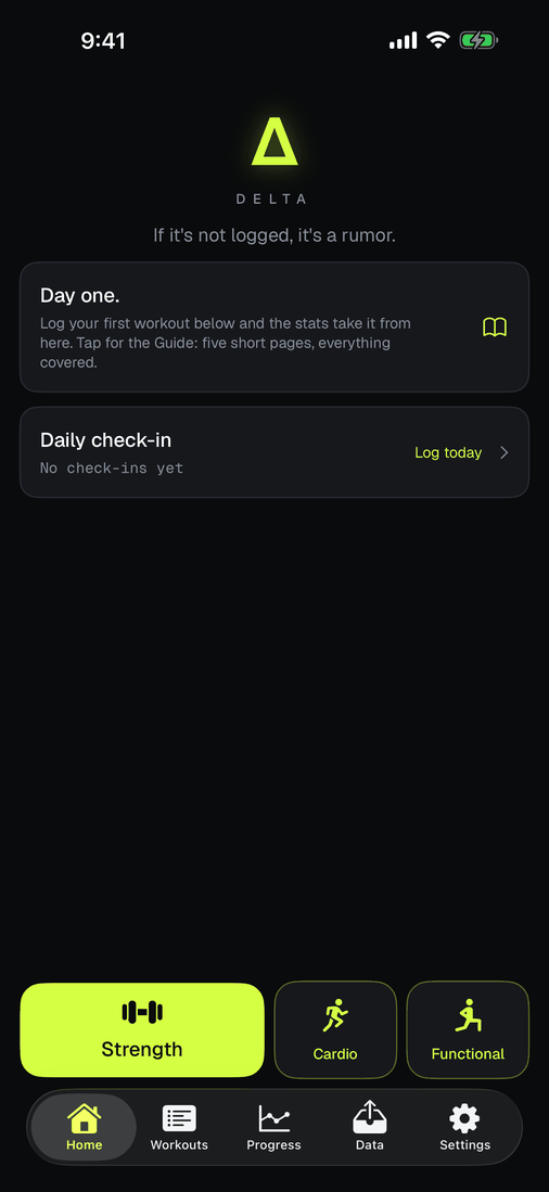 Delta's Home screen on day one, with Strength, Cardio, and Functional start buttons.