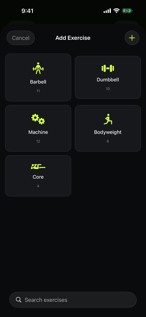 The exercise picker showing equipment groups: barbell, dumbbell, machine, bodyweight, core.