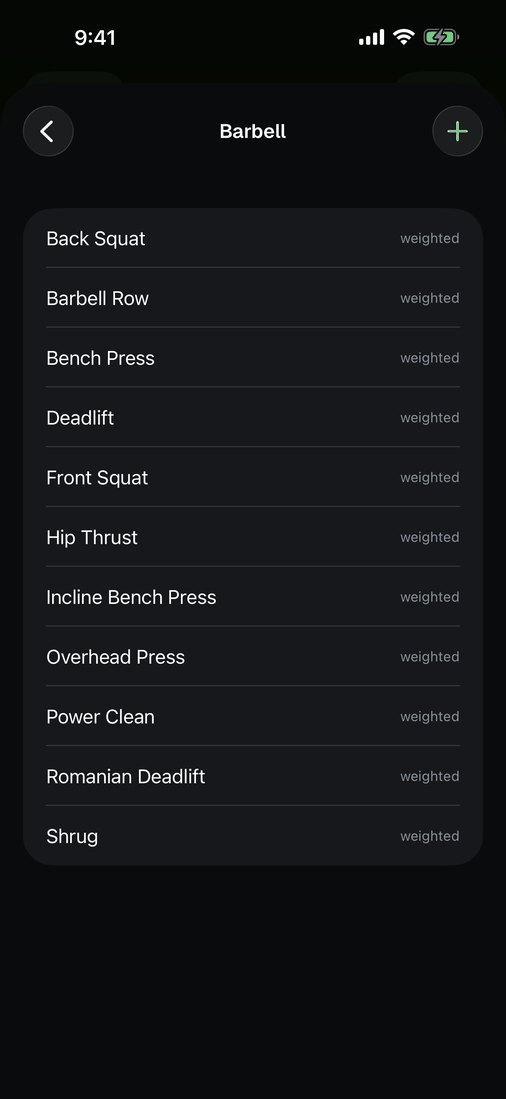 The barbell group's exercise list, Back Squat at the top.