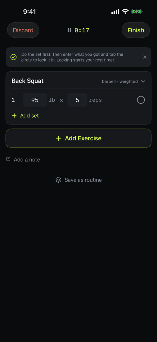 Back Squat with one set filled in: 95 pounds by 5 reps, not yet locked.