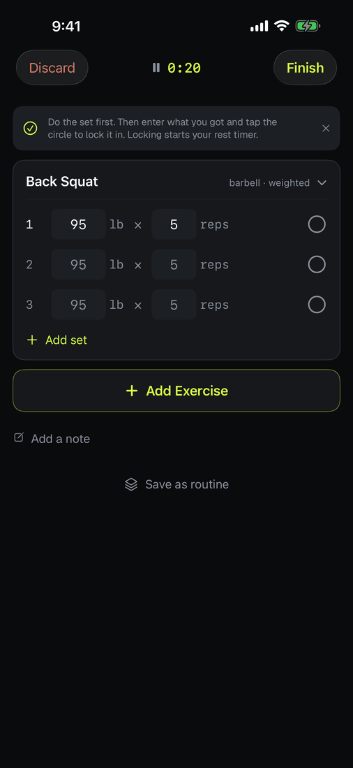 After tapping Add set twice: three identical rows of 95 by 5, sets two and three waiting.