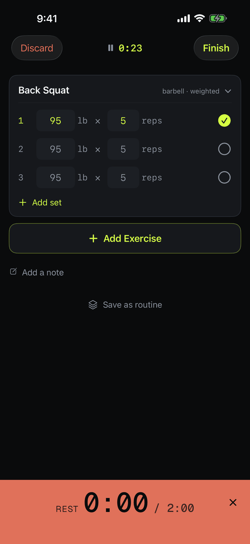 Set one locked with a green check; the rest timer bar reads 13 seconds toward a 2 minute target.