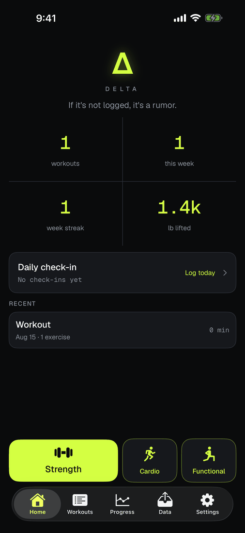 Home after the first workout: 1 workout, 1 week streak, 1.4 thousand pounds lifted, and the session in the recent list.