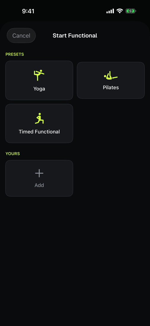 The functional start sheet offering yoga, pilates and timed functional work, plus any custom activities you have saved.