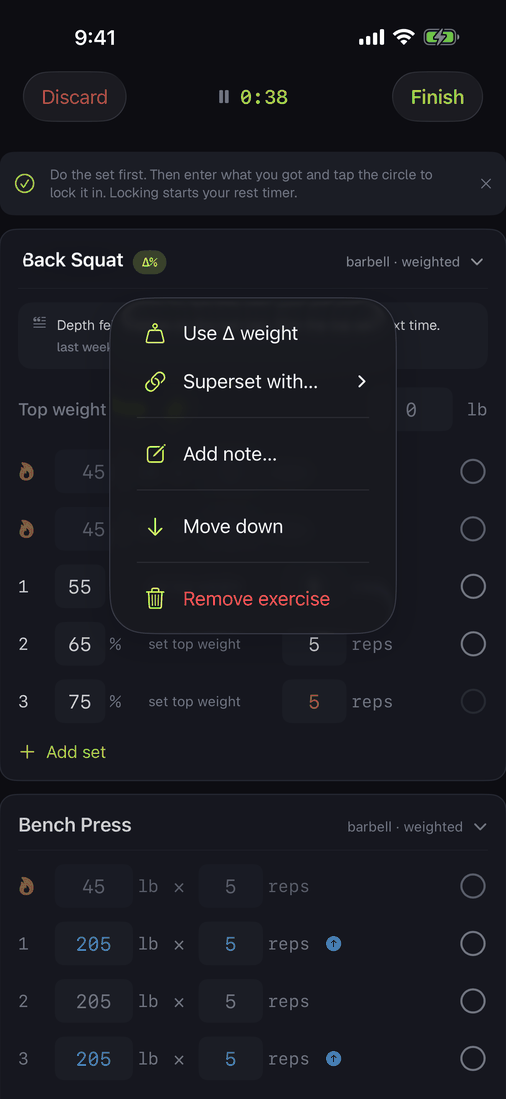 A long-press menu on an exercise header during a workout, including the option to add a note.