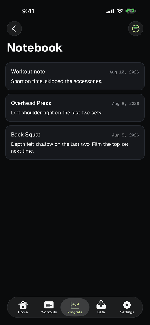 The Notebook screen listing every note written, newest first, each with its exercise and date.