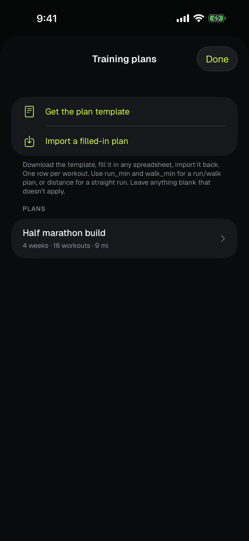 The Training plans screen, with buttons to get the plan template and to import a filled-in plan, above a saved half marathon build.