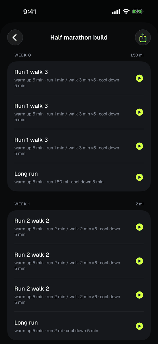 A training plan opened to its weeks, each listing its days with prescribed minutes and miles.