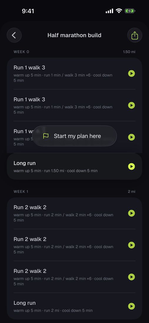 A long-press menu on a plan day showing the option to start the plan at that day.