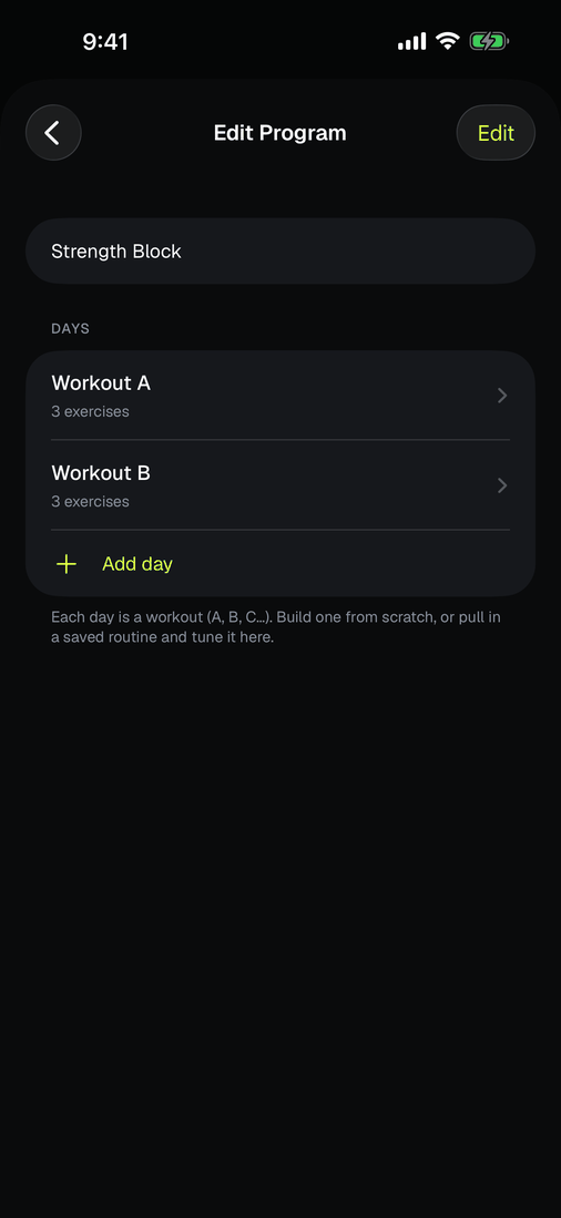The program builder showing a program with two days, Workout A and Workout B.