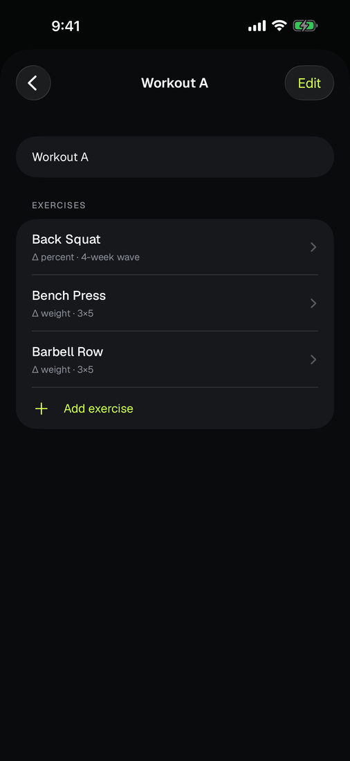 A program day's exercise list in the editor.