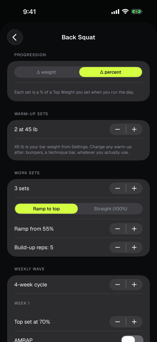 The percent scheme editor: warmup and working sets with percentages of a top weight.