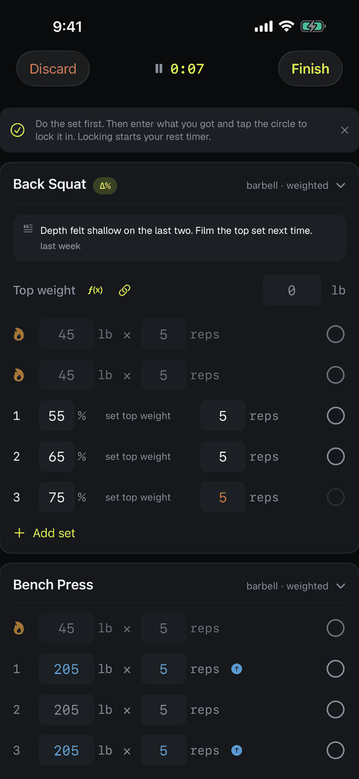 A live workout with a percent-driven Back Squat: warmups, then 55, 65, and 75 percent sets awaiting a top weight.
