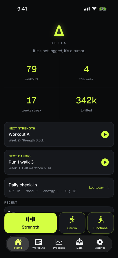 The Home screen NEXT UP card suggesting Workout A, week 2 of the Strength Block program.