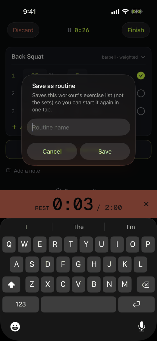 The naming dialog for a new routine, with a text field and Save button.
