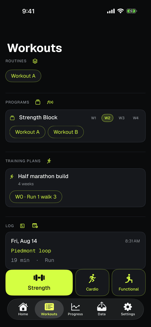 The Workouts tab showing saved routines as quick-start buttons.