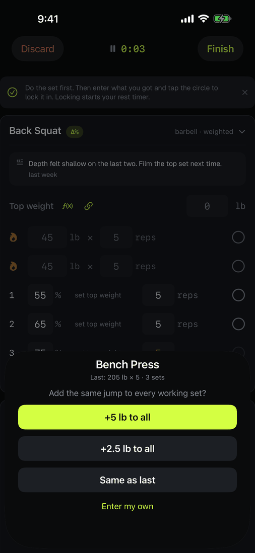 The increment prompt asking whether to add weight to a lift's working sets for this session.