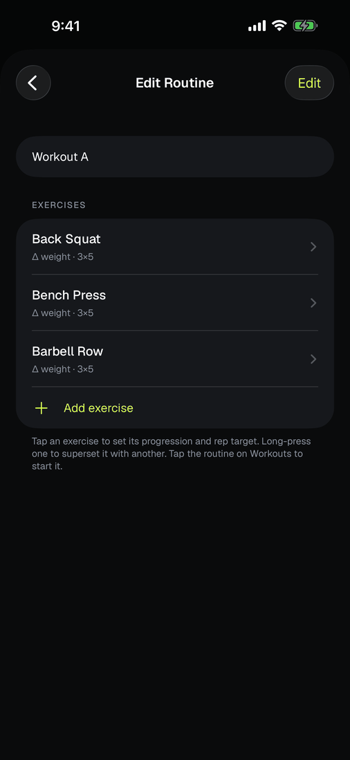 The routine editor showing the exercise list of a saved routine.