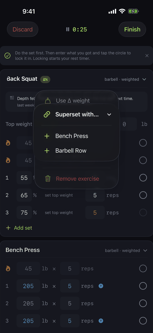 The long-press menu on an exercise header with Superset with expanded, listing partner exercises to link.