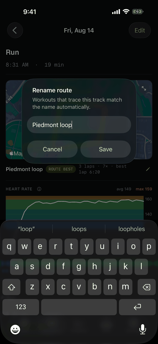 A named GPS route on a session detail with rename control and route history.