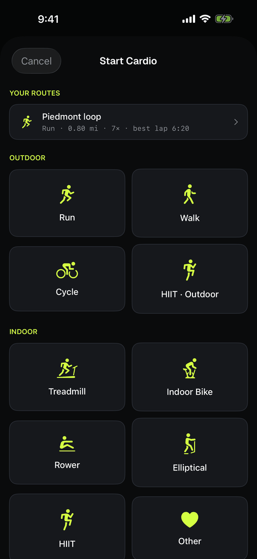 The cardio start sheet listing run, walk and cycle outdoors alongside treadmill, indoor bike, rower, elliptical and HIIT.