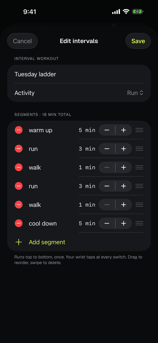 The long-press menu on a saved interval plan showing edit and delete.