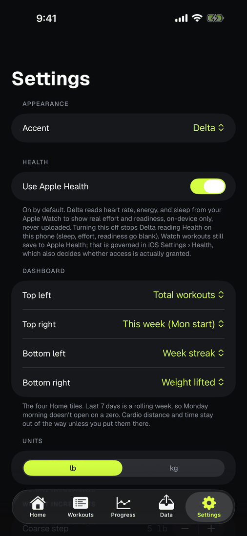 The theme picker in Settings showing six accent palettes.