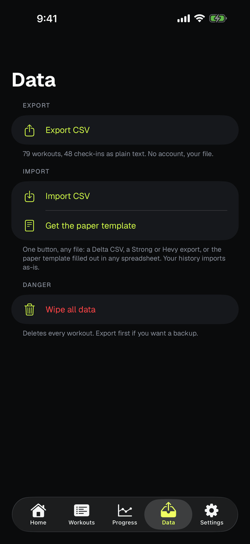 The Data tab showing CSV export and import options.
