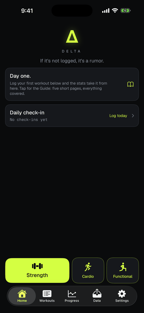 Delta's Home screen on day one, with Strength, Cardio, and Functional start buttons.