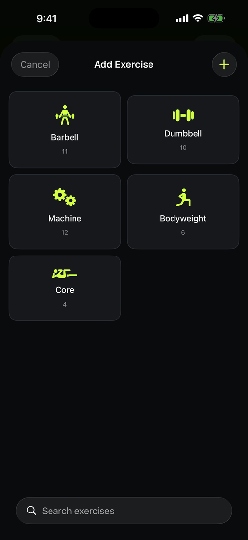 The exercise picker showing equipment groups: barbell, dumbbell, machine, bodyweight, core.