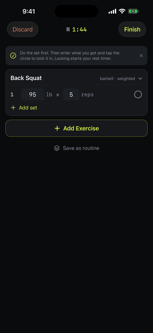 Back Squat with one set filled in: 95 pounds by 5 reps, not yet locked.