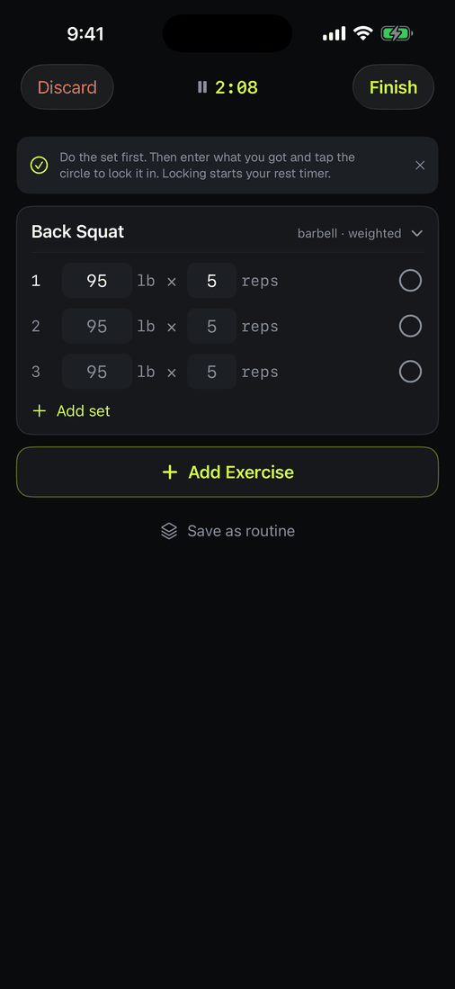 After tapping Add set twice: three identical rows of 95 by 5, sets two and three waiting.