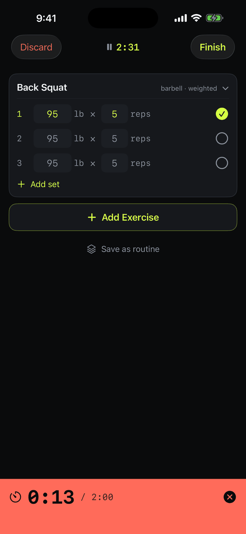 Set one locked with a green check; the rest timer bar reads 13 seconds toward a 2 minute target.