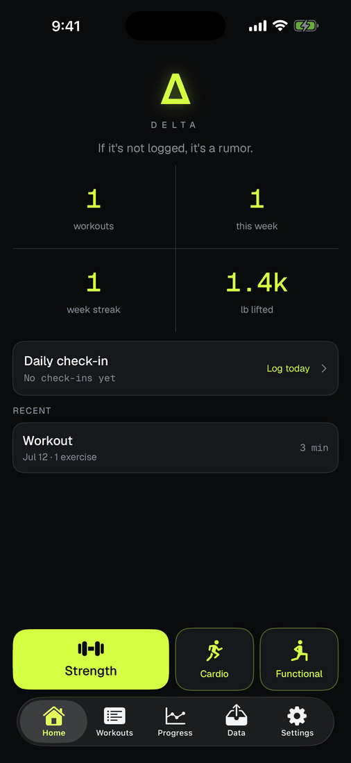 Home after the first workout: 1 workout, 1 week streak, 1.4 thousand pounds lifted, and the session in the recent list.