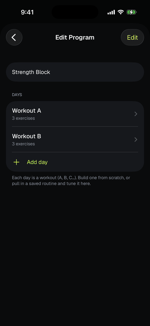 The program builder showing a program with two days, Workout A and Workout B.