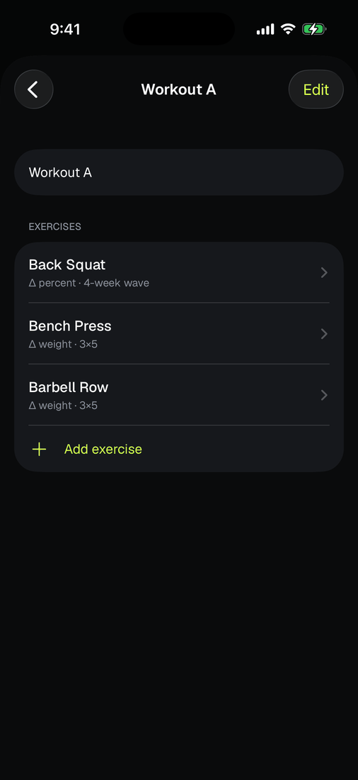A program day's exercise list in the editor.