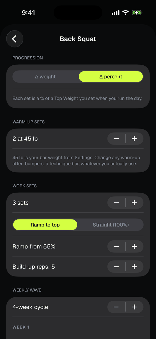 The percent scheme editor: warmup and working sets with percentages of a top weight.