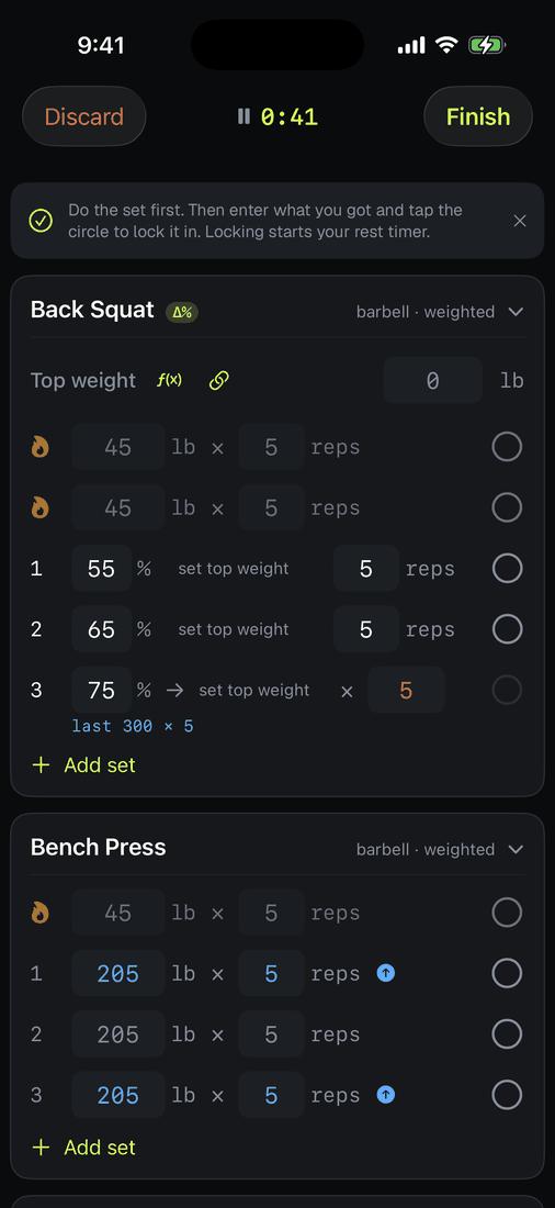 A live workout with a percent-driven Back Squat: warmups, then 55, 65, and 75 percent sets awaiting a top weight.
