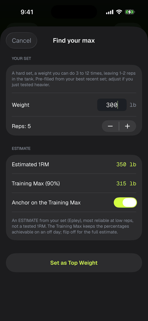 The Find Your Max estimator: a 300 pound by 5 set producing an estimated 1RM of 350 and a training max of 315.