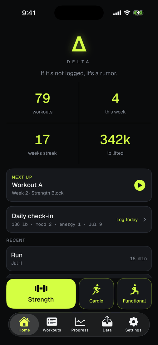 The Home screen NEXT UP card suggesting Workout A, week 2 of the Strength Block program.