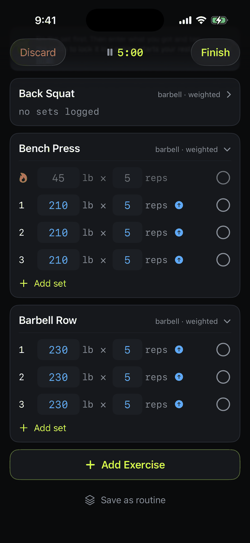 A finished workout in Delta with the Save as routine button at the bottom of the exercise list.