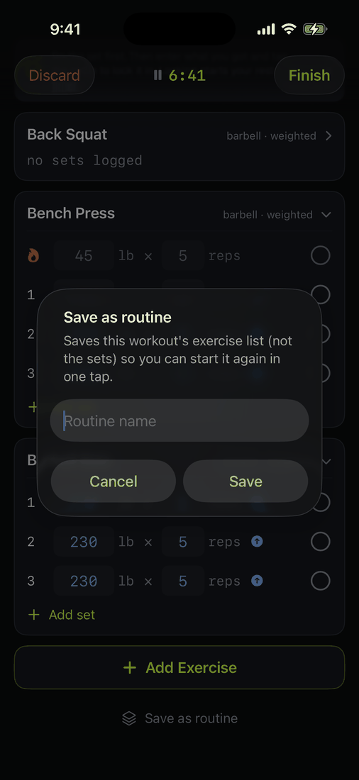 The naming dialog for a new routine, with a text field and Save button.