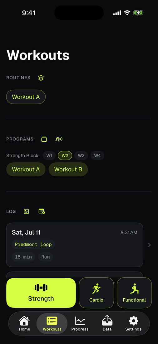 The Workouts tab showing saved routines as quick-start buttons.