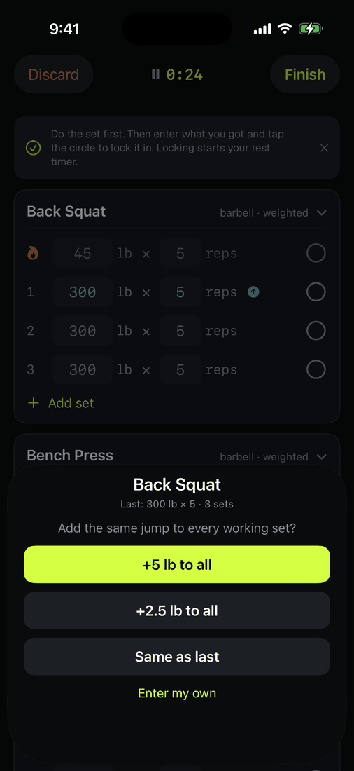 The increment prompt asking whether to add weight to a lift's working sets for this session.