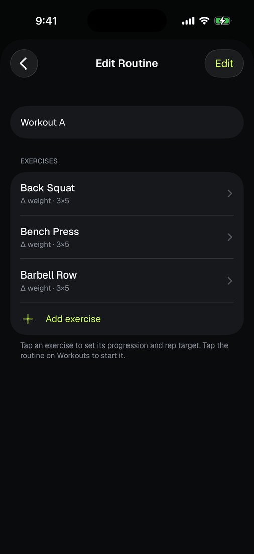 The routine editor showing the exercise list of a saved routine.
