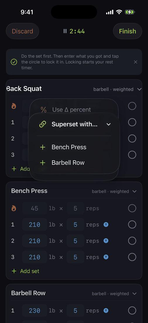 The long-press menu on an exercise header with Superset with expanded, listing partner exercises to link.