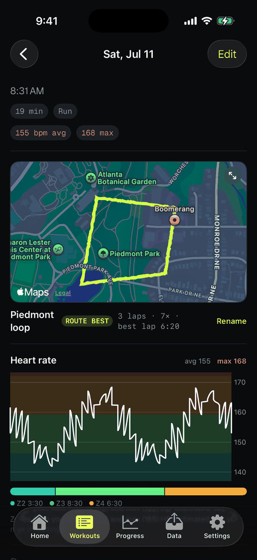 A named GPS route on a session detail with rename control and route history.