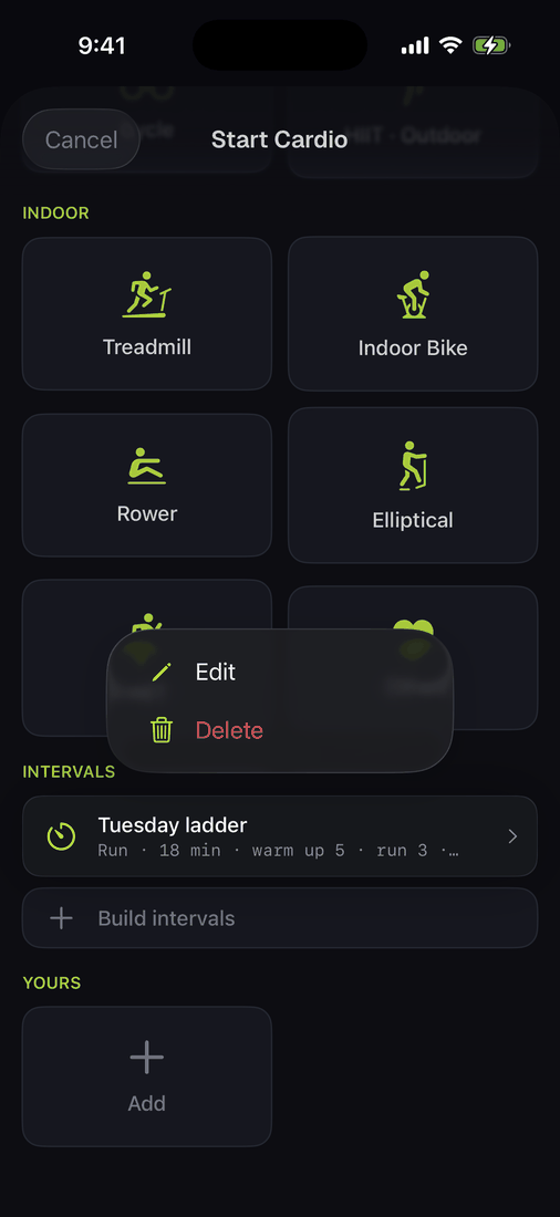 The long-press menu on a saved interval plan showing edit and delete.