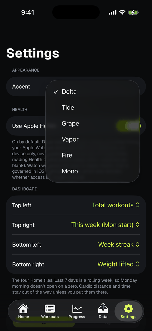 The theme picker in Settings showing six accent palettes.