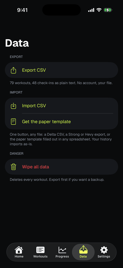 The Data tab showing CSV export and import options.